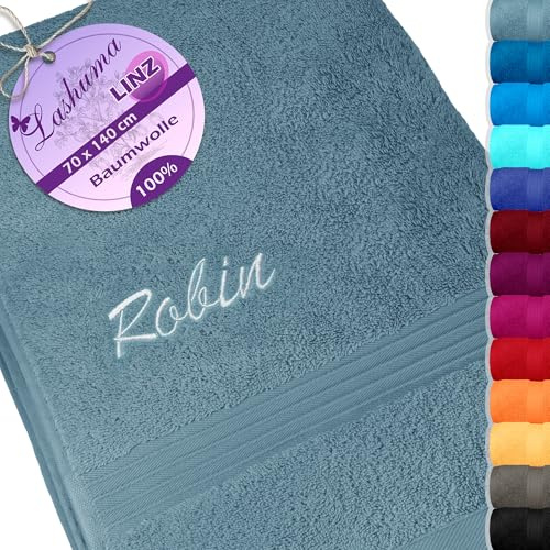Lashuma Badetuch Bestickt mit Namen, Linz Duschhandtuch Blau - Taubenblau, Handtuch 70x140