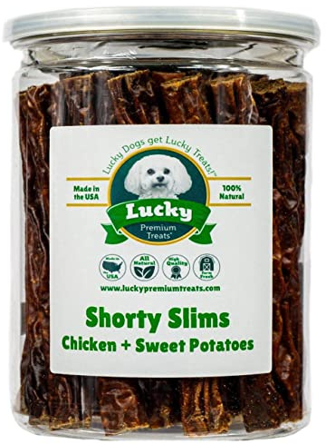 Lucky Premium Treats Lucky Shorty Slims - Sweet Potato and Chicken Jerky Dog Treats, Crunchy Dog Chew Sticks with Real Chicken and Sweet Potato for Small to Large Dogs (7 Count)
