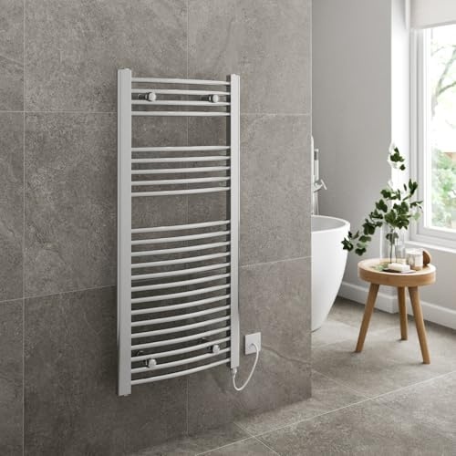 DuraTherm® 1100 x 500mm Curved Electric Heated Towel Rail Radiator Bathroom Warmer Wall Mounted Ladder Rad, Manual 250W Polished Chrome
