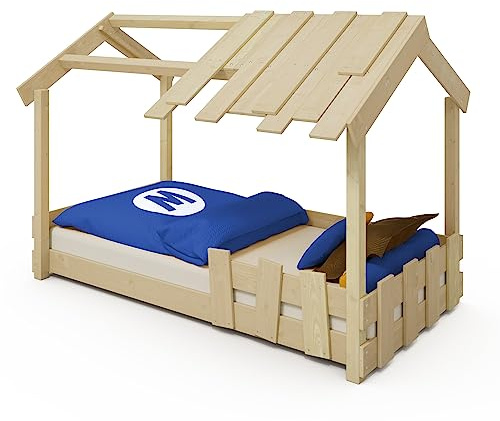 Wickey Hausbett für Kinder Crazy Beach aus Massivholz - Holzbett mit Dach 90 x 200 cm - stabiles Kinderbett aus unbehandeltem Holz - individuell Gestaltbar