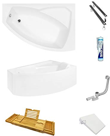 ECOLAM® Badewanne Eckbadewanne Acryl Rima weiß 160x100 cm RECHTS + Kopfstütze + Bambus Ablage + Schürze Ablaufgarnitur Ab- und Überlauf Automatik Füße Silikon Komplett-Set