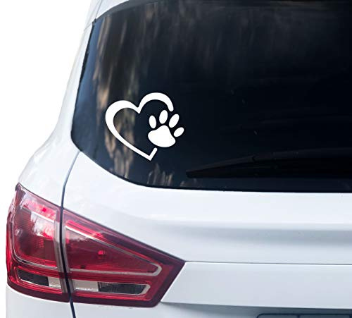 PrintAttack P069 | Dog Love Herz Pfote Hundeaufkleber Hundepfote Katzenpfote Cat Love Tierpfoten (10x12cm) Aufkleber | Hund | Katze | Pfötchen | Sticker für Auto, Wohnmobil, Laptop (Dog, Weiß)