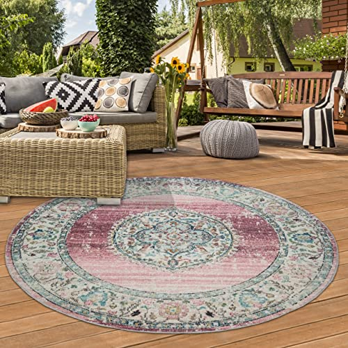 Teppich-Traum RUNDER orientalischer Vintage SCHLAFZIMMERTEPPICH für In- & Outdoor Balkon buntes Blumenmotiv rosa Größe 200 cm rund
