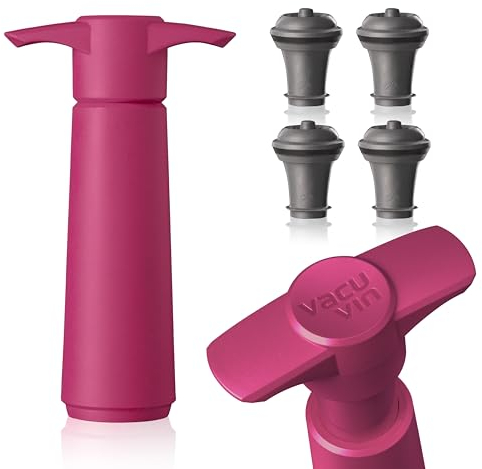 Vacu Vin Wine Saver Pump Pink with Vacuum Wine Stopper - Keep Your Wine Fresh for up to 10 Days - 1 Pump 4 Stoppers - Reusable - Made in the Netherlands