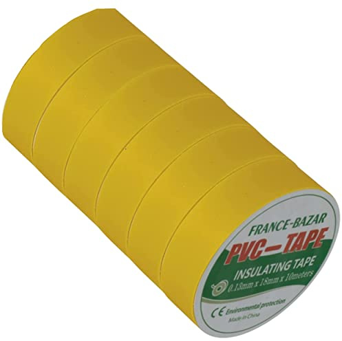 FRANCE-BAZAR Ruban adhésif isolant électrique - Rouleaux isolation thermique en PVC pour réparation voiture, vélo, bricolage, gaine électricien - Haute qualité - Lot de 6 Jaune 10mx18mm