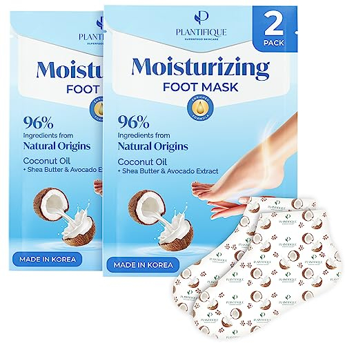 Plantifique Hydrating Foot Mask Socks – 2 Pairs with Shea Butter for Soft Heels, Deep Moisturizing & Repairing Dry, Rough Skin – Korean Skincare & Foot Care Gift