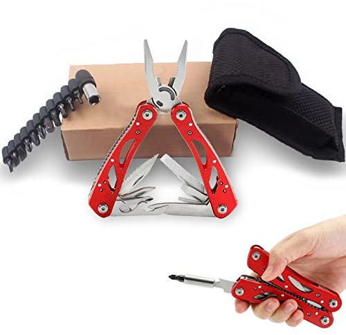 KAYLRE Alicate Multiuso Multi - alicat, Destornilladores, Alicate multifuncional de Acero Inoxidable, anti - cáida para actividades exteriores con Bolsa de Nylon-Rojo