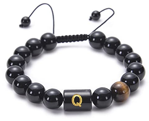 Banemi Armband Buchstaben Perlen, Bead Armband Damen Schwarz Tigerauge Verstellbare Perlen mit Buchstabe Q Perlenarmbänder 18cmx10mm