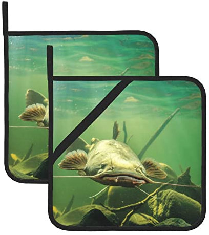 Set di 2 presine resistenti al calore con tasca per cottura in cucina, forno, forno a microonde (20,5 x 20,5 cm) / pesce gatto subacqueo
