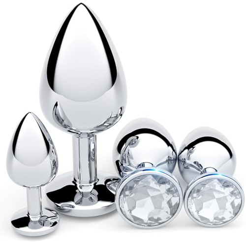 Anal Plug Beginner Set, 4 PCS Stainless Steel Butt Plug Training Kit with Jewel Base, Metal Anal Plugs for Gradual Training, Wide Base for Safety & Secure Fit for Women & Men Couples