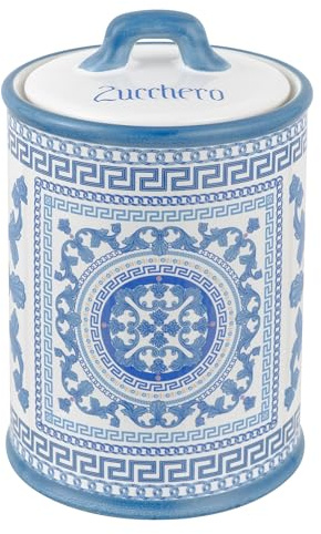 Baroni Home Pot à Sucre en Céramique Décoré, Pot de Rangement de Cuisine avec Couvercle Hermétique pour Sauver l’Arôme, Porte Sucre en Poudre de Qualité, Sucrier Ligne Maïoliques Bleu, 11x11x17 cm