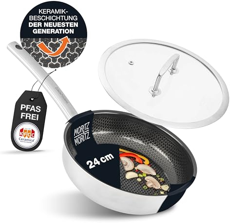 Moritz & Moritz Edelstahlpfanne mit Deckel 24cm und Keramikbeschichtung der neuesten Generation - für alle Herdarten geeignet - Antihaft Pfanne Wabenstruktur zum Kochen, Braten und Schmoren