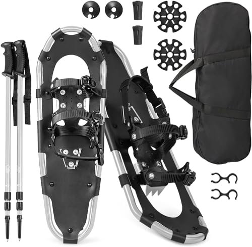 GYMAX 76 cm Schneeschuhe, Schuhgröße 35-45, leichte Geländeschneeschuhe-Set, Schneeschuhset mit Trekkingstöcken & Tragetasche, Alu Schneeschuhe bis 130kg belastbar