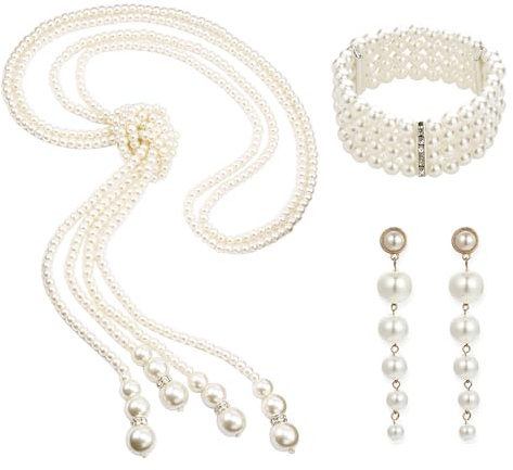 NYGGTYK 3-pack konstpärlsmycke, pärlhalsband från 1920-talet, dropppärlörhängen, flerskikts pärlarmband, dampärlsmycken för vardagen, fester och fester, Legering, konstgjord pärla
