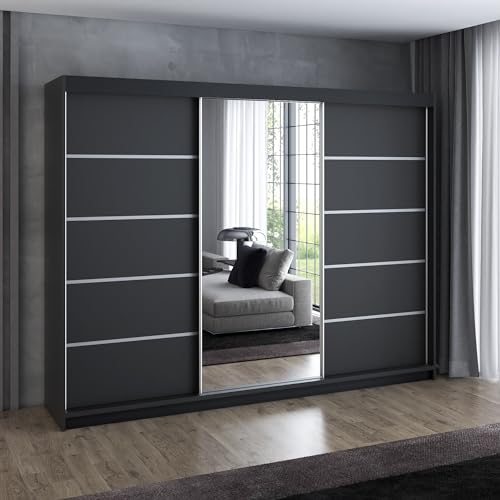 A&J MöbelLand Schwebetürenschrank VILUNO 1 Kleiderschrank 3-türig 200 cm mit Spiegel, 4 Schubladen & 2 Kleiderstangen, Geräumiger Schlafzimmerschrank (Schwarz)