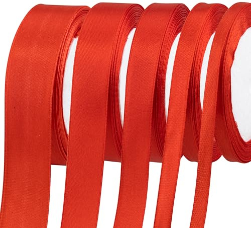 Fyshird Geschenkband Rot 25/20/15/10/6mm Satinband Rot Schleifenband Weihnachten Polyester Bänder zum Basteln Dekoband für Geschenkverpackung DIY Geburtstag Hochzeit