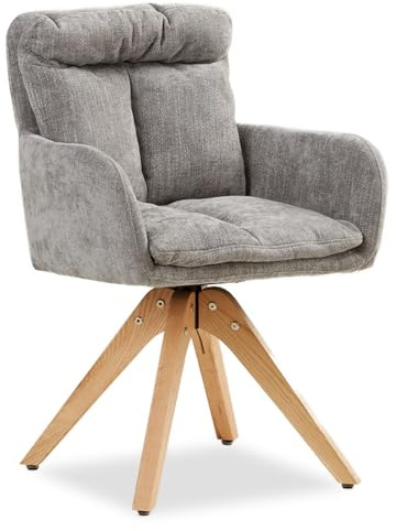 Homestyle4u Esszimmerstuhl Drehbar mit Armlehne - Polsterstuhl Grau | 360°-Drehmechanismus, gepolsterte Sitzfläche & Rückenlehne, massive Eichenholzbeine, Bezug 100% Polyester