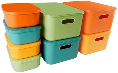 KissDate 4PCS Big and 4PCS Small Storage Boxes With Lids, Stackable Plastic Storage Baskets for Shelves Kitchen Bathroom Playroom Classroom Office Nursery