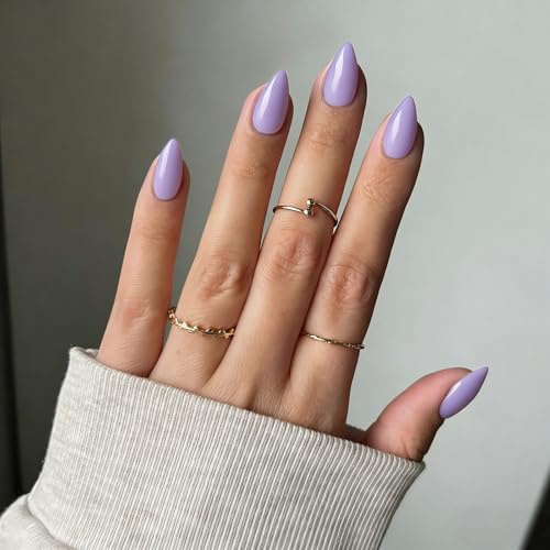 Lilac Press on Nails Short Almond Shaped, SXVME 30 Pcs Thick Acrylic Short False Nails Press ons Natural Glue on Nails Custom Solid Color For Women Daily Wear