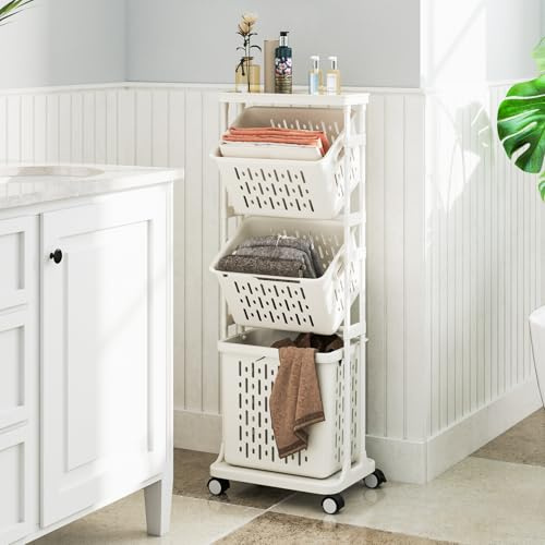 GOPLUS Panier a Linge à 3 Niveaux, 4 Roulettes, 2 Petits Paniers et 1 Grand Panier, Panier à Linge avec Poignées pour Salle de Bain, Buanderie, 40x30x112cm (40x30x112CM)
