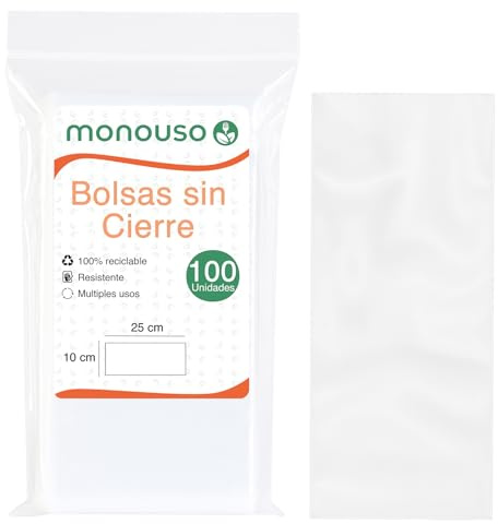 Monouso | 100 Bolsas Plástico Sin Cierre, 10x25cm, Color Transparente, Almacenimiento, Alimentos, Ferreterías, Peluquerías, Mercerías