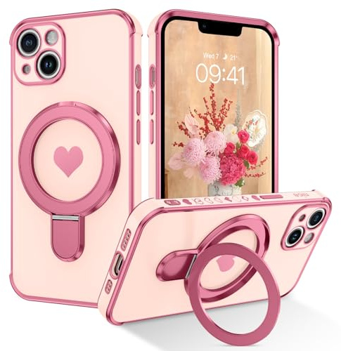 DUEDUE Magnétique Coque pour iPhone 13 Compatible avec Magsafe, Amour Coeur pour Femmes, Support Anneau Invisible, Étui Housse de Téléphone Antichoc, TPU Bumper Protection pour iPhone 13 6.1, Rose