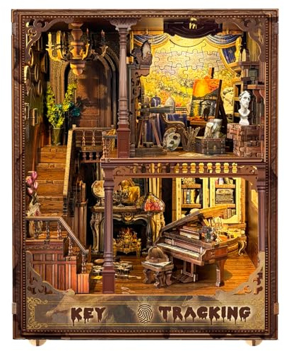 RONSTONE Book Nook - DIY Puppenhaus Booknook Bücherregaleinsatz Dekor mit Staubschutzhülle und LED-Licht - Schlüssel Tra Buchstützen Modellbausatz - 3D Puzzles Handgemachte Kunsthandwerk Geschenke