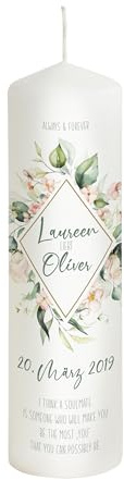 Liamoria® Hochzeitskerze Vintage Blumen mit Namen, Datum und Spruch - Modell Alyways and Forever - Klassische Kerze personalisiert (25 x 8 cm)