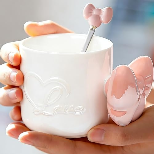 Disoza 350 ml rosa rosett kaffekopp keramikmugg med rosett och handtag söt mugg porslin kaffe te kopp