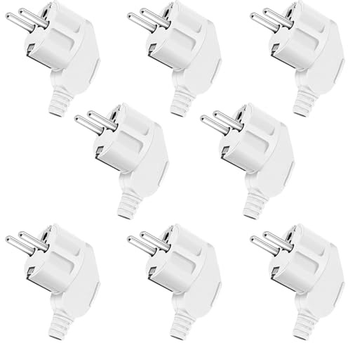 8 Stück Schuko Stecker 250V/16A Eurostecker Stromstecker Winkelstecker | Stromstecker Schutzkontakt Stecker für 8-10mm Kabel für Haushaltsgeräten Kleingeräten, Weiß