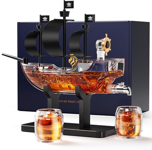 Kollea Regalos de cumpleaños para hombres papá, decantador de whisky con barco pirata, juego de 2 vasos, dispensador de licores para el bar en casa, ideas de regalo divertidas para él, novio