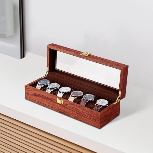 MccoMMon Uhrenbox aus Holz mit 6 Fächern, Vintage-Stil, Schmuck-Organizer, luxuriöse Uhrenbox aus 100% Massivholz, bietet Platz für 6 Uhren – elegante Aufbewahrungsbox aus Holz für Uhren