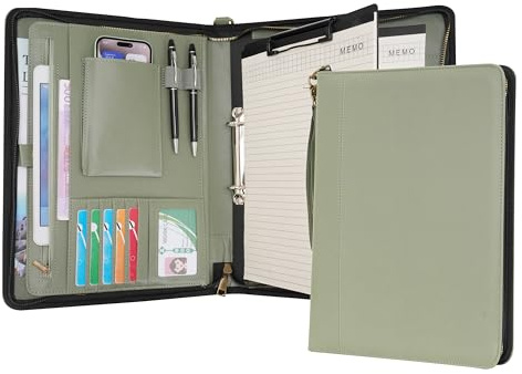 Wason A4 Reißverschluss Kunstleder Schreibmappen Padfolio mit abnehmbarem Ringbinder Portfolio und Schreibblock-Halter, Konferenzmappe mit Mehrfachtaschen für Büro Reise Schule (Grün)