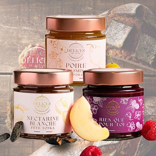 Ô Délices de Lucas – Lot Les Délicates (3 × 230 g) – Poire Jasmin & Fleur d’Oranger, Nectarine Blanche & Fève de Tonka, Framboise Violette « Rien que pour toi » – Artisanale & Fabriquée en France