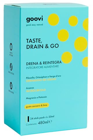 Goovi, Taste Drain & Go, Integratore Alimentare Drenante con Magnesio e Potassio, Favorisce il Microcircolo, con Estratti Vegetali di Ananas, Pilosella, Verga d'Oro, Gusto Zenzero e Lime, 24 Stick