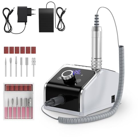 Niktulo Forage à ongles électrique Professionnel avec pédale,2 modes d'alimentation, alimentation/batterie,Machine de forage à ongles portable 35000RPM avec écran LCD