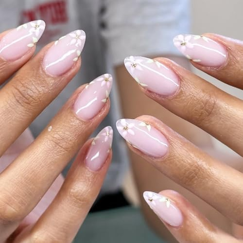 24PCS French Almond Press on Nails - Natural Nude Glänzend Blumen, kunstnägel zum aufkleben mit Nagelkleber, Full Cover klebenägel fingernägel - Geeignet DIY Nageldesign für Frauen Mädchen