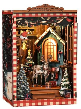 Book Nook Kit, Miniature Model Build Kit, Wood Bookends Building Model Puzzle Toy with Warm LED Light, Snow Realm Wei Pavilion 3D Wooden Puzzle Craft Deco for Adults Teens