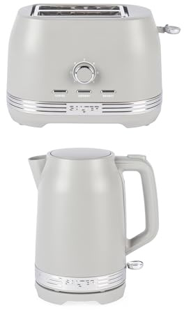 Salter Rise Kettle & 2-Slice Toaster Set – 1.7L 3000W Rapid Boil Kettle & 800W Toaster with 7 Browning Levels, Defrost, Reheat & Cancel Functions, Matte Taupe Finish | 7 Browning Levels, Defrost/Reheat/Cancel Functions, Boil-Dry Protection, Auto Shut-Off, 360 Swivel Base, Crumb Tray