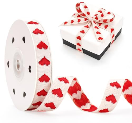 G2PLUS 15mm Embroidered Jacquard Ribbon with Red Heart, 10 Yards Woven Cotton Trim for Gift Wrapping, Valentine’s Day, Wedding Decoration, DIY Crafts