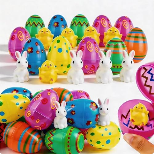 YIYA 18 Uova di Pasqua Riempibili con 9 Coniglietti e 9 Pulcini, Set in Plastica Colorata per Decorazioni Feste e Regali