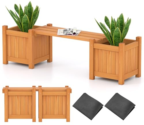 RELAX4LIFE 3-en-1 Jardinière Extérieur en Bois de Sapin, Banc de Jardin avec 2 Jardinières, Base à Lattes Amovible, Bac à Fleurs avec Doublure Fournie, Montage Modulable, pour Jardin Cour (Orange,S)