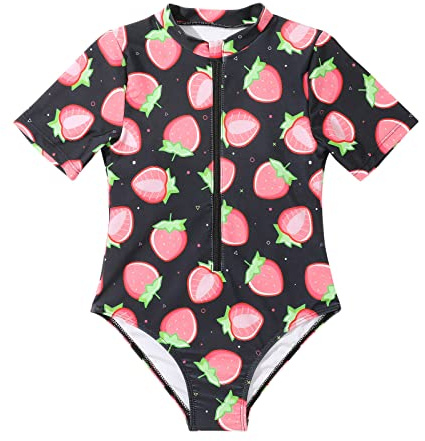 Mjjsk Maillot de bain 1 pièce Rashguard à manches courtes avec fermeture éclair sur le devant - Pour enfants - Pour l'été, les vacances, la piscine, Noir , 11 ans
