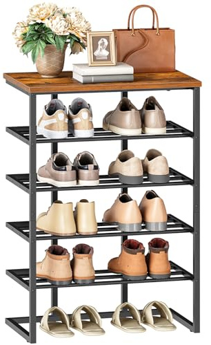 HOOBRO Schuhregal im Industriestil mit 5 Ebenen, Schuhablage, Schuhschrank, Metallgestell mit U-förmigem Sockel und verstellbaren Füßen, Vintagebraun und Schwarz EBF54XJ01