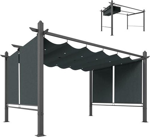 Outsunny Pérgola de Jardín 4x3 m con Techo Retráctil y 4 Cortinas Enrollables Automáticas, Estructura de Aluminio, Cenador de Jardín con Protección UV50+, Drenaje, Pabellón para Exterior, Gris Oscuro