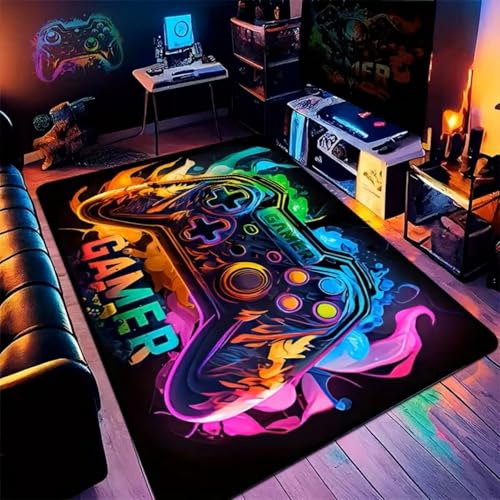SOJAWA 3D Neon Gamer Teppich 80x150cm, Bunter Rauch Controller, Weicher Kurzflor Zocker Teppich, Waschbar & rutschfest, Coole Deko für Jungen Jugendzimmer, Gaming Room