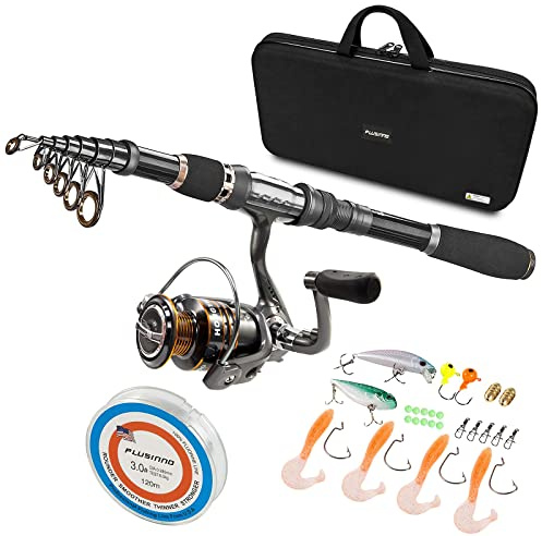 PLUSINNO Teleskopiskt fiskespö och rulle kombinerat fullt kit, kolfiber fiskespön, 12 + 1 skärmade lager rostfritt stål BB spinnrulle