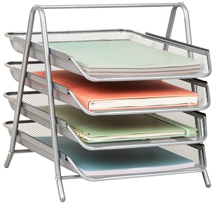 Mind Reader 4-Tier Paper Tray, Desktop Organizer, File Storage, Office, Metal Mesh, 11.75 L x 13.75 W x 12.5 H, Silver