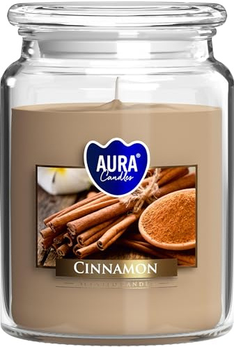 Eine große Duftkerze im Glas mit Deckel mit Zimtduft, 100h Brenndauer, Weihnachtsduft, würziges Aroma