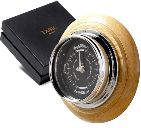 Tabic Chrome-Plated Brass Tide Clock with Oak Wall Mount – Mariner MkII Case, Black Dial, Precision Lunar Tide Tracking, Handcrafted in England, Marine Wall Instrument